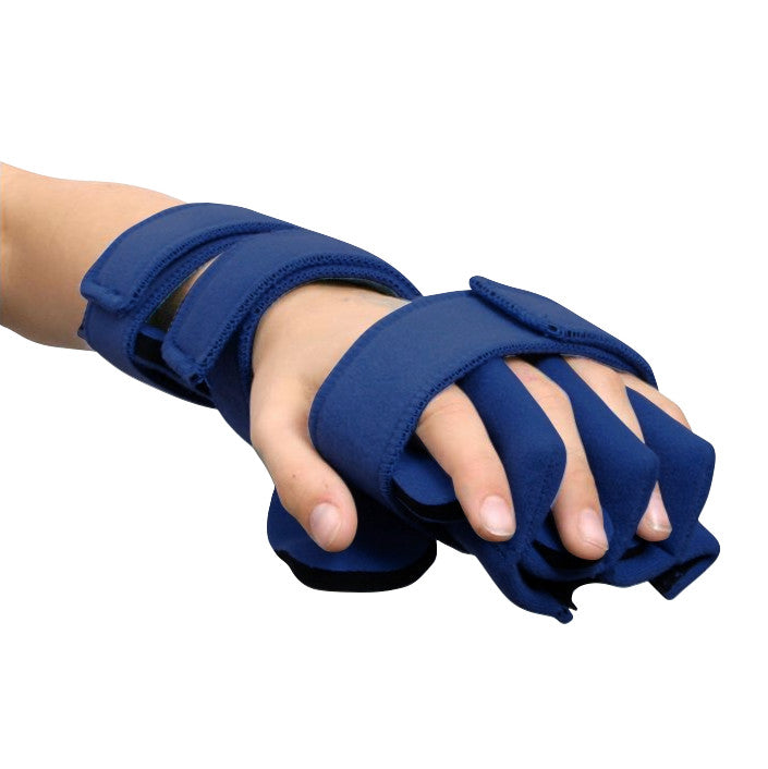 A child's hand wearing a "Comfy Splints Pediatric Hand/Wrist Separate Finger Orthosis," with blue straps and finger coverings.