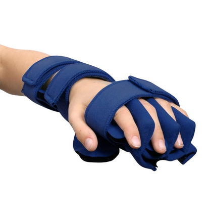A child's hand wearing a "Comfy Splints Pediatric Hand/Wrist Separate Finger Orthosis," with blue straps and finger coverings.