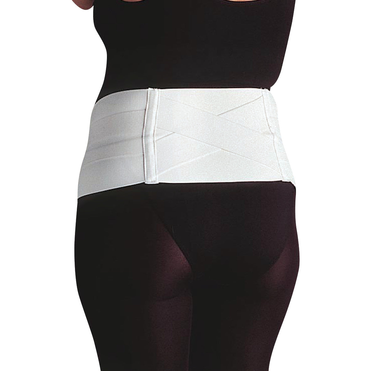A person wearing an Embrace Moderate Support Maternity Belt, providing back support over black clothing.
