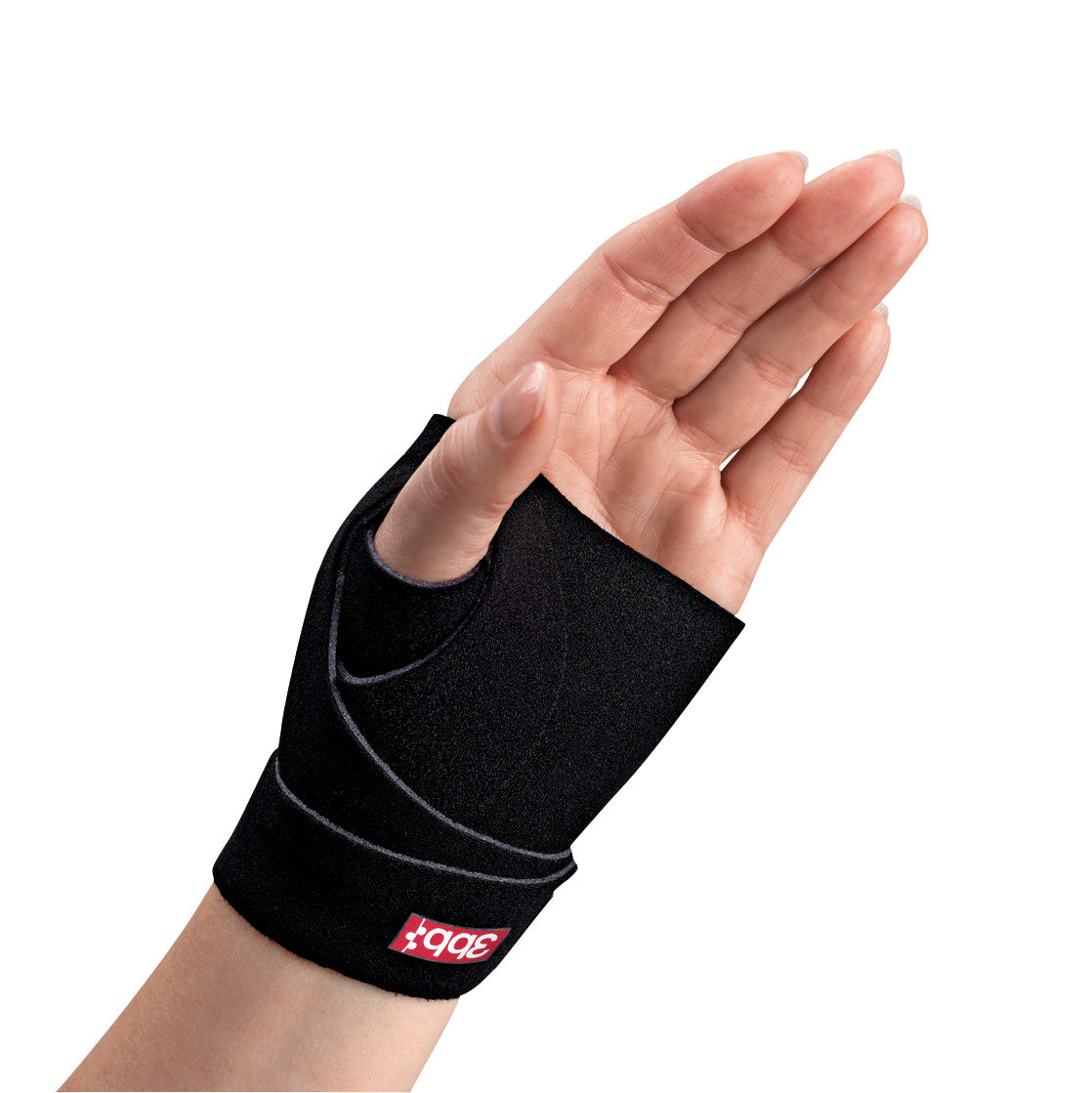 Hand wearing a 3pp ThumSling NP Thumb Splint, a black wrist support with thumb cutout, against a white background.