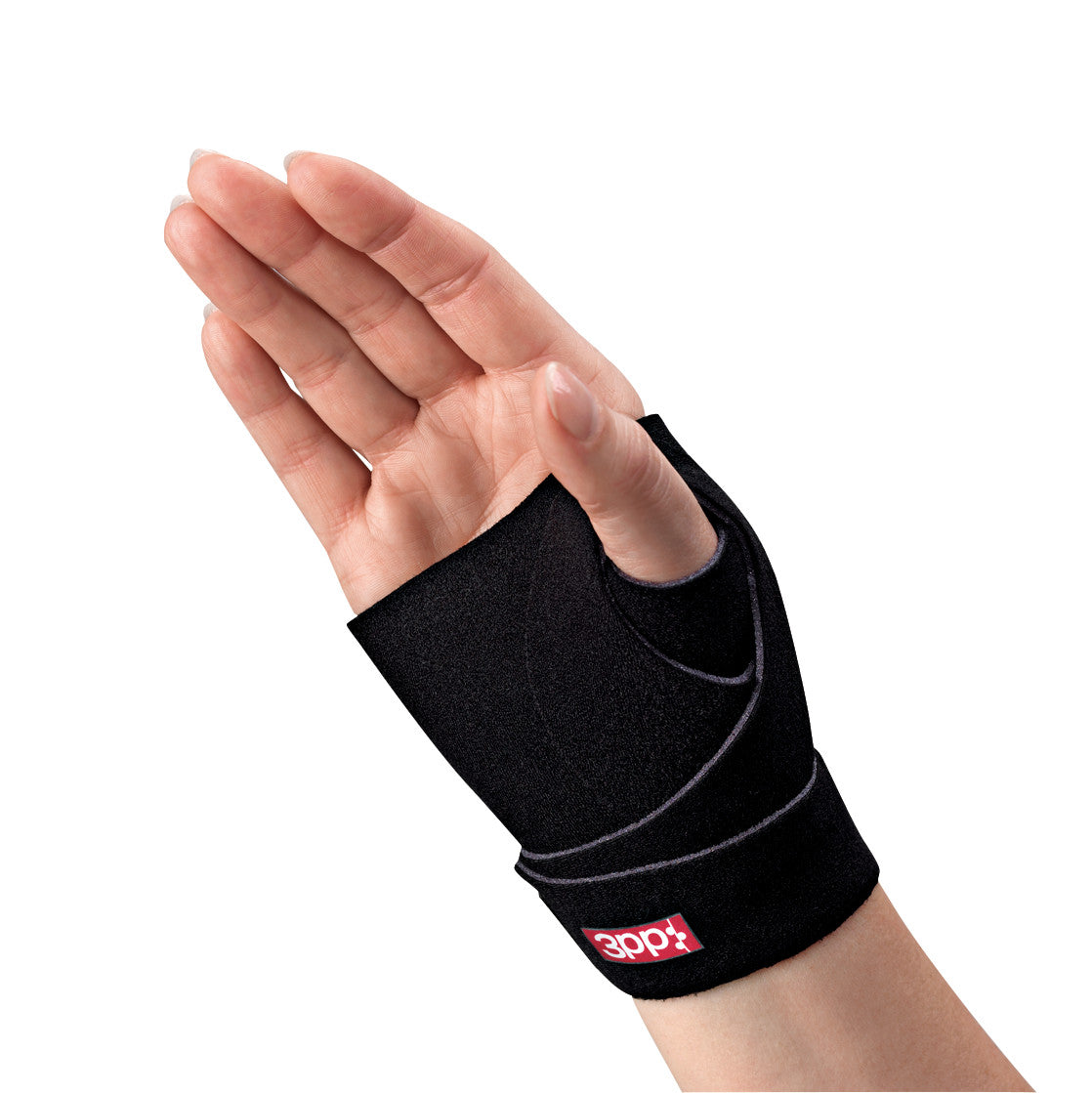 A hand wearing a 3pp ThumSling NP Thumb Splint. The black splint supports the thumb, leaving fingers free for movement.