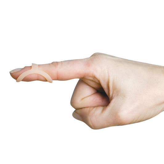 A hand wearing an Oval-8 Finger Splint from the Graduated Set on the index finger, viewed from the side on a white background.