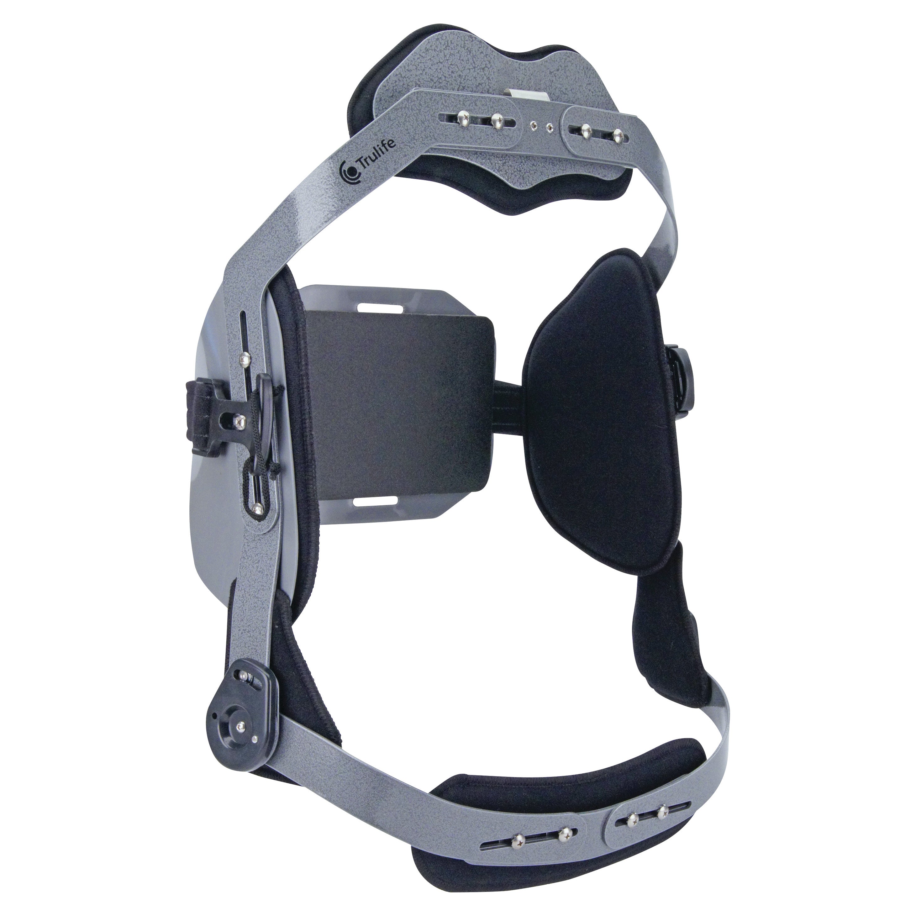 Trulife T39 Hyperextension Spinal Orthosis is a metallic and padded brace designed for spinal support, shown in an angled view.