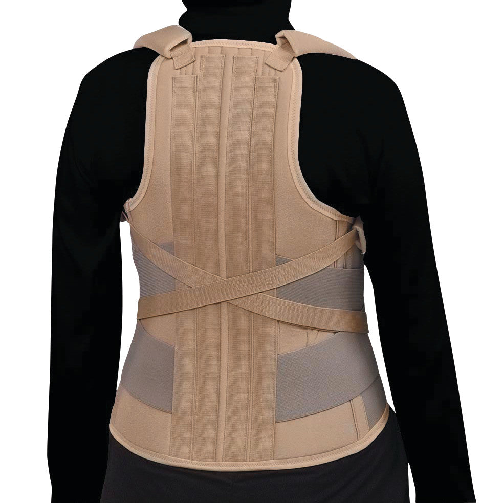 A person wears the beige Trulife FAST-WRAP Thoracolumbar Support over a black outfit. The support features adjustable straps.