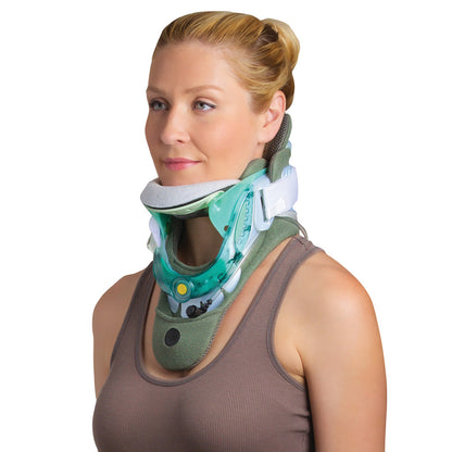 A woman wears the Aspen Medical Vista MultiPost Therapy Collar, a supportive neck brace designed for neck injury recovery.