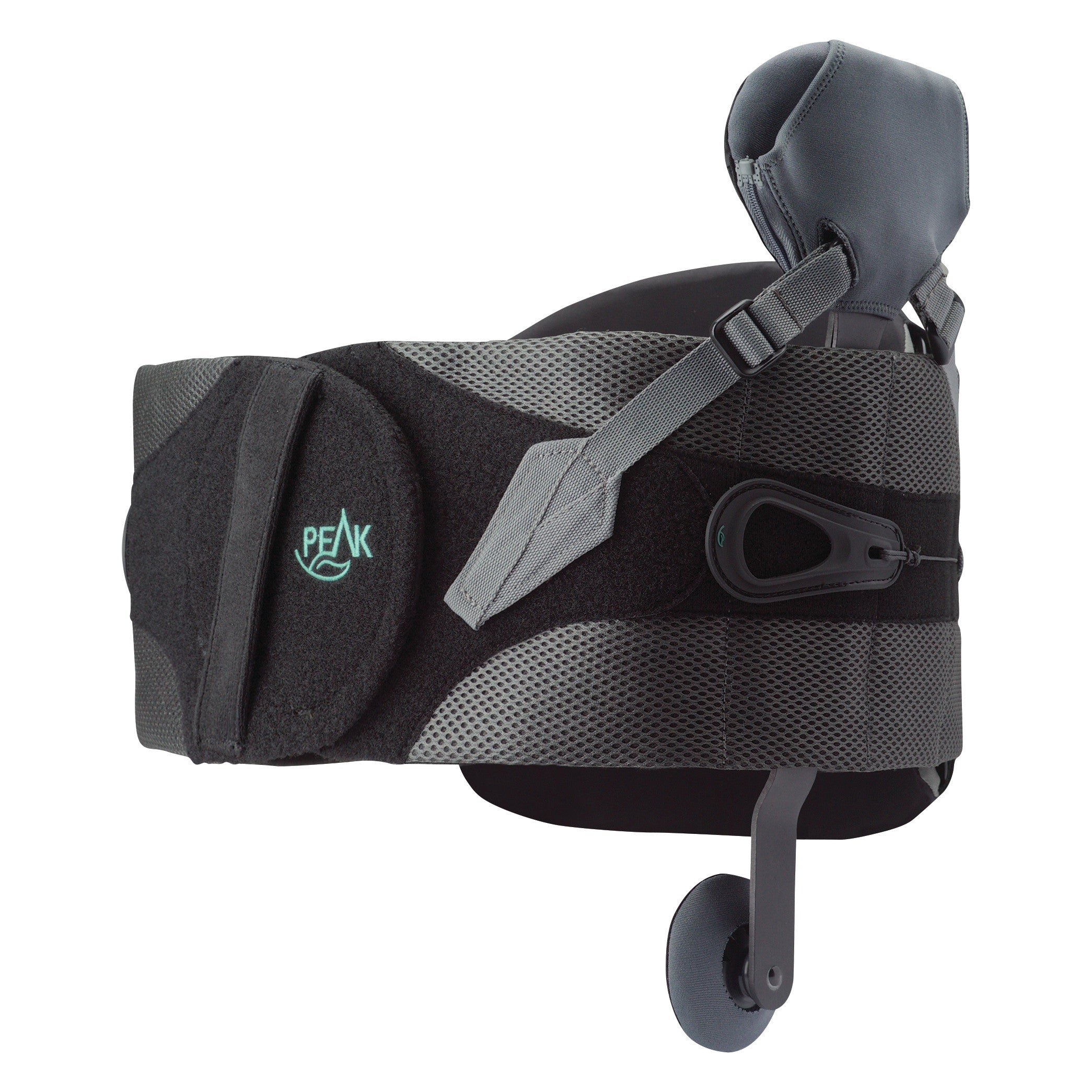 The Peak Scoliosis Bracing System is a black and gray back brace with adjustable straps and padding for scoliosis support.