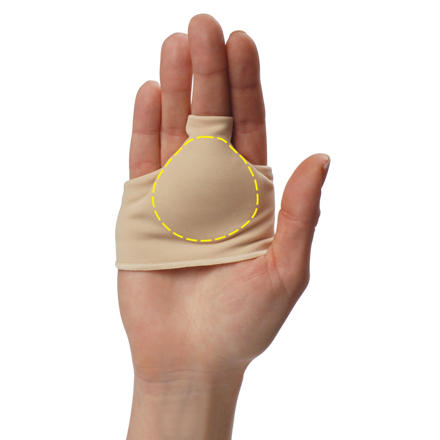 A hand wearing a PediFix Visco-GEL Palm and Thumb Protector, shown in beige fabric with an outlined gel area around the thumb.