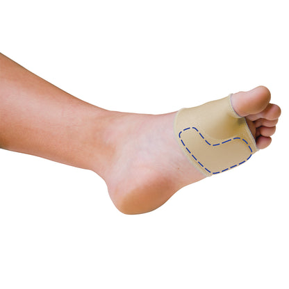 A foot wearing a PediFix Sesamoid Relief Sleeve, featuring a beige fabric with a blue stitched outline around the forefoot area.