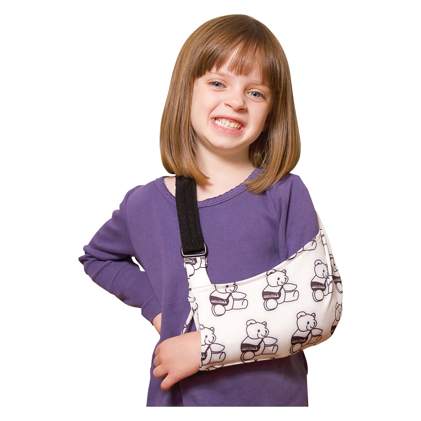 A young girl wears the Brownmed Joslin Ultimate Arm Sling. The sling is white with teddy bear patterns and has a black strap.