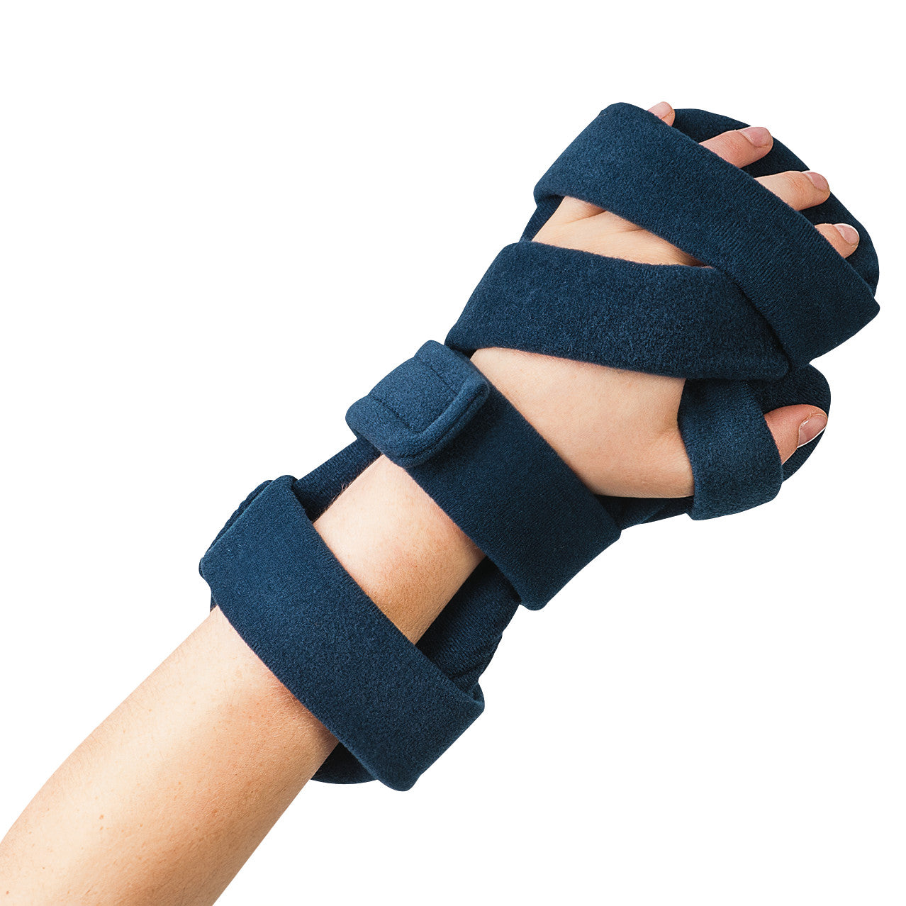 A hand is wearing the Comfy Splints Adult Resting Hand Orthosis, featuring dark blue padded straps for support and stability.