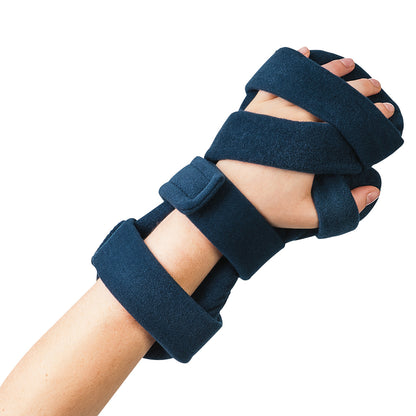 A person's hand is secured in the Comfy Splints Adult Resting Hand Orthosis, featuring blue padded straps and a supportive frame.
