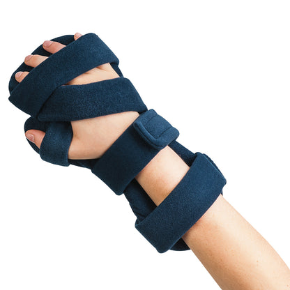 A hand wearing the Comfy Splints Adult Resting Hand Orthosis, featuring blue padded straps securing the hand and wrist in place.