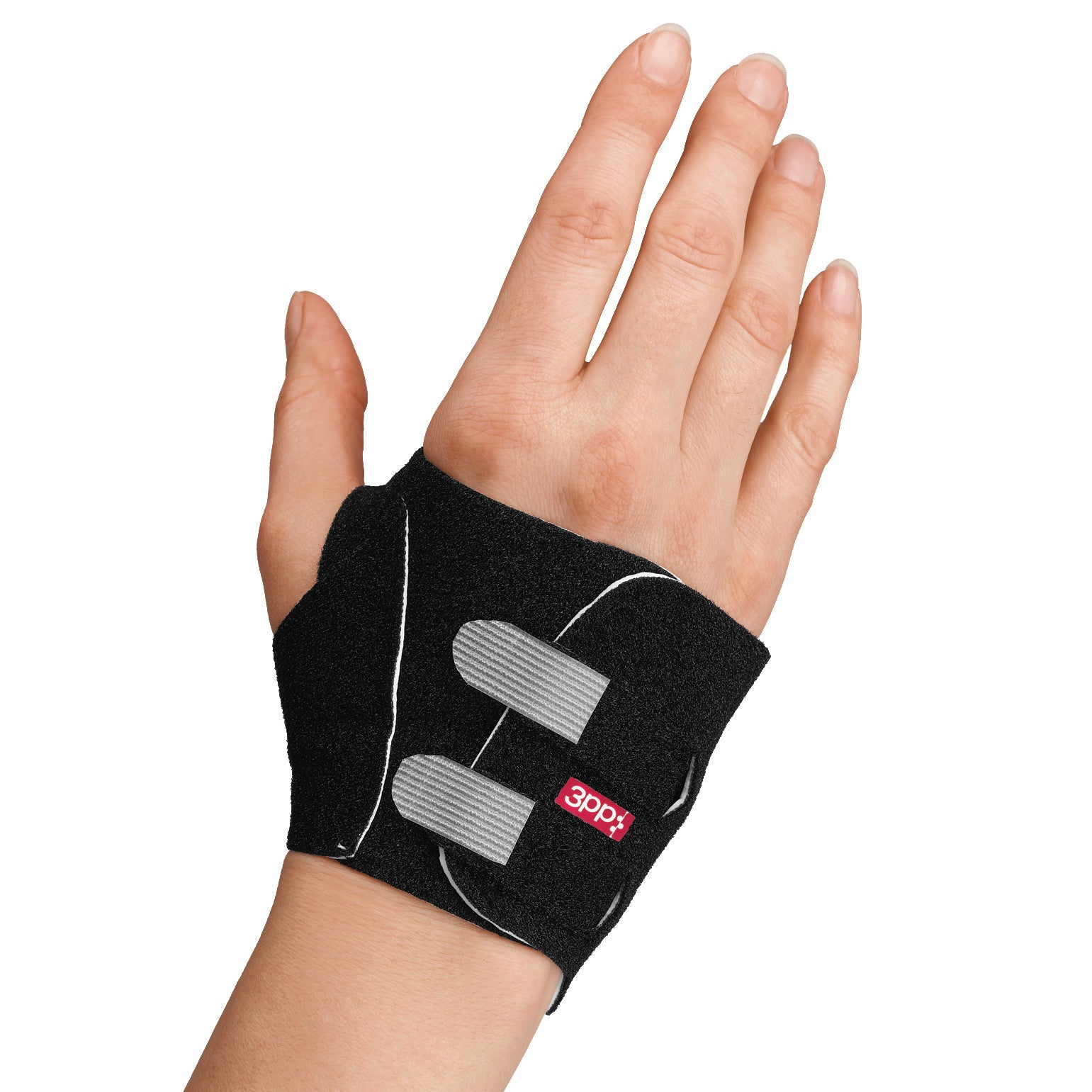 A hand wearing a black 3pp Carpal Lift with gray straps, providing wrist support, is shown against a white background.