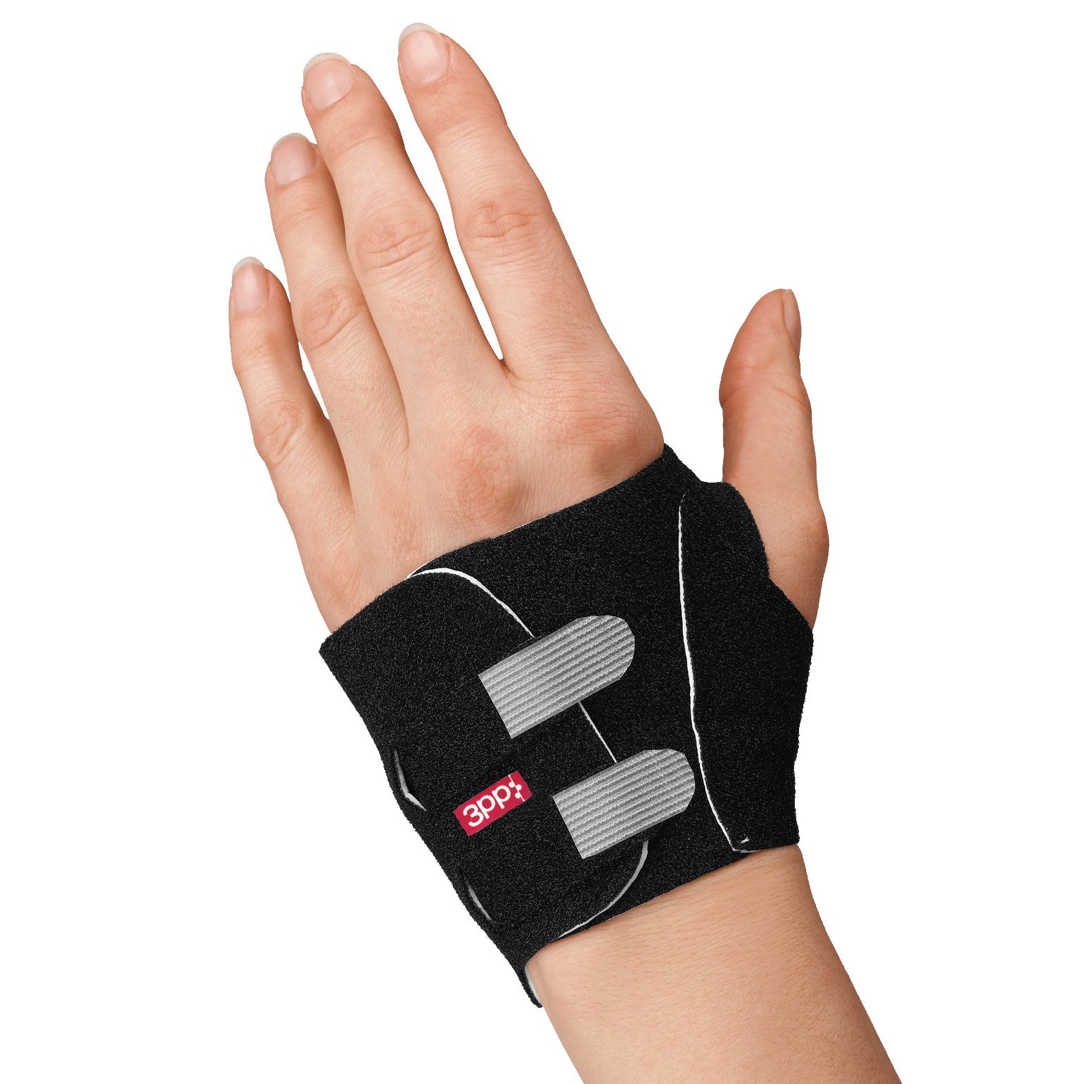 A hand wearing a 3pp Carpal Lift, a black wrist brace with adjustable straps, designed to support and relieve wrist pain.