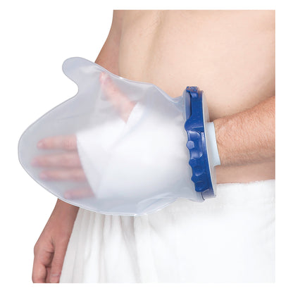 A person wears a Brownmed SEAL-TIGHT Infinity Cast Protector on their arm, showcasing its waterproof design with a blue seal.