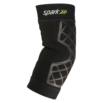 The BrownMed Spark Kinetic Elbow Sleeve is black with grey geometric patterns and has the word "spark" printed on the cuff.