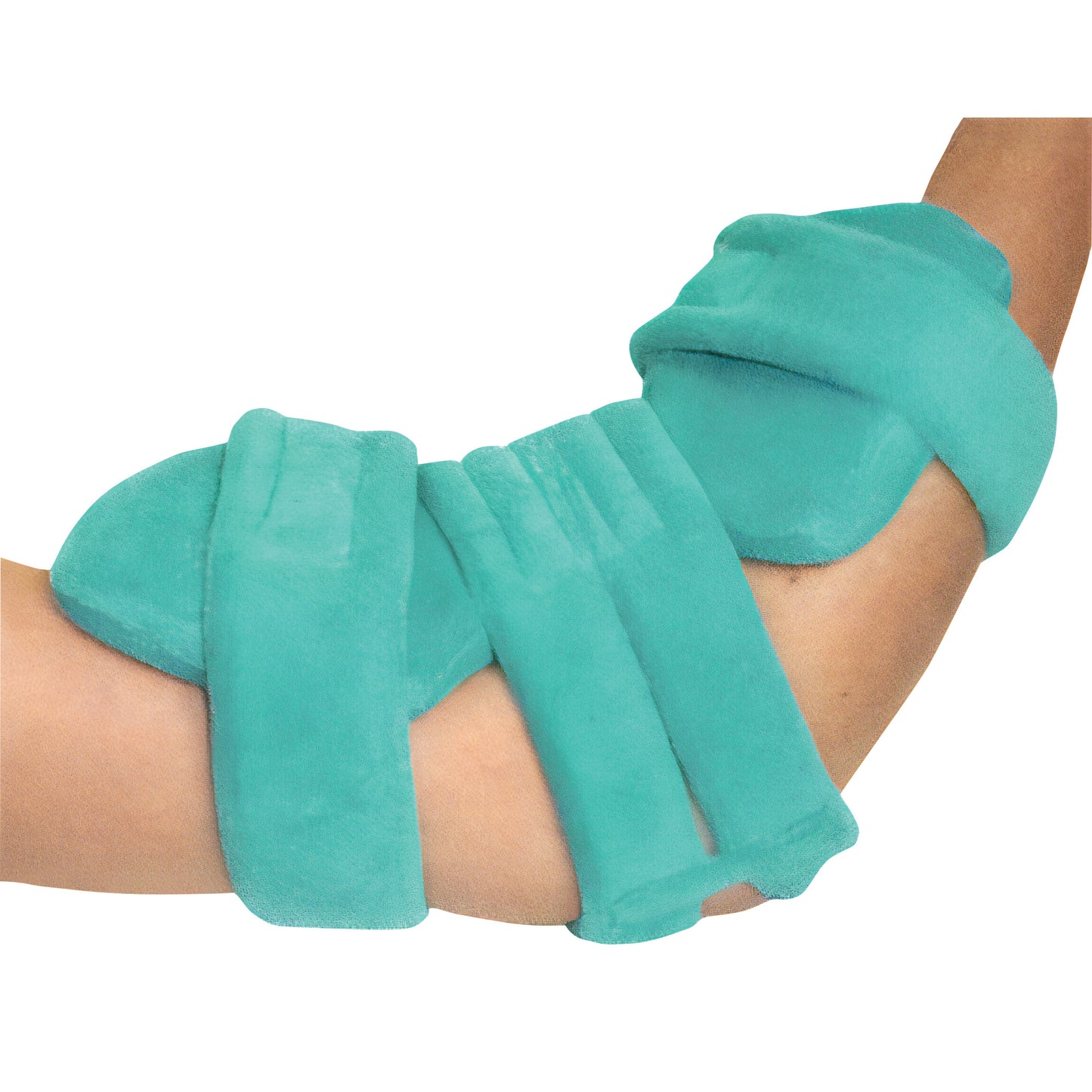 A Comfy Splints Pediatric Spring-Loaded Goniometer Elbow Orthosis is shown in teal, wrapped around a child's bent arm.