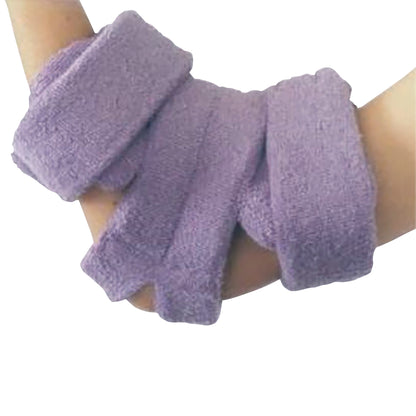 A child's arm is fitted with the Comfy Splints Pediatric Spring-Loaded Goniometer Elbow Orthosis, featuring a soft, purple fabric.