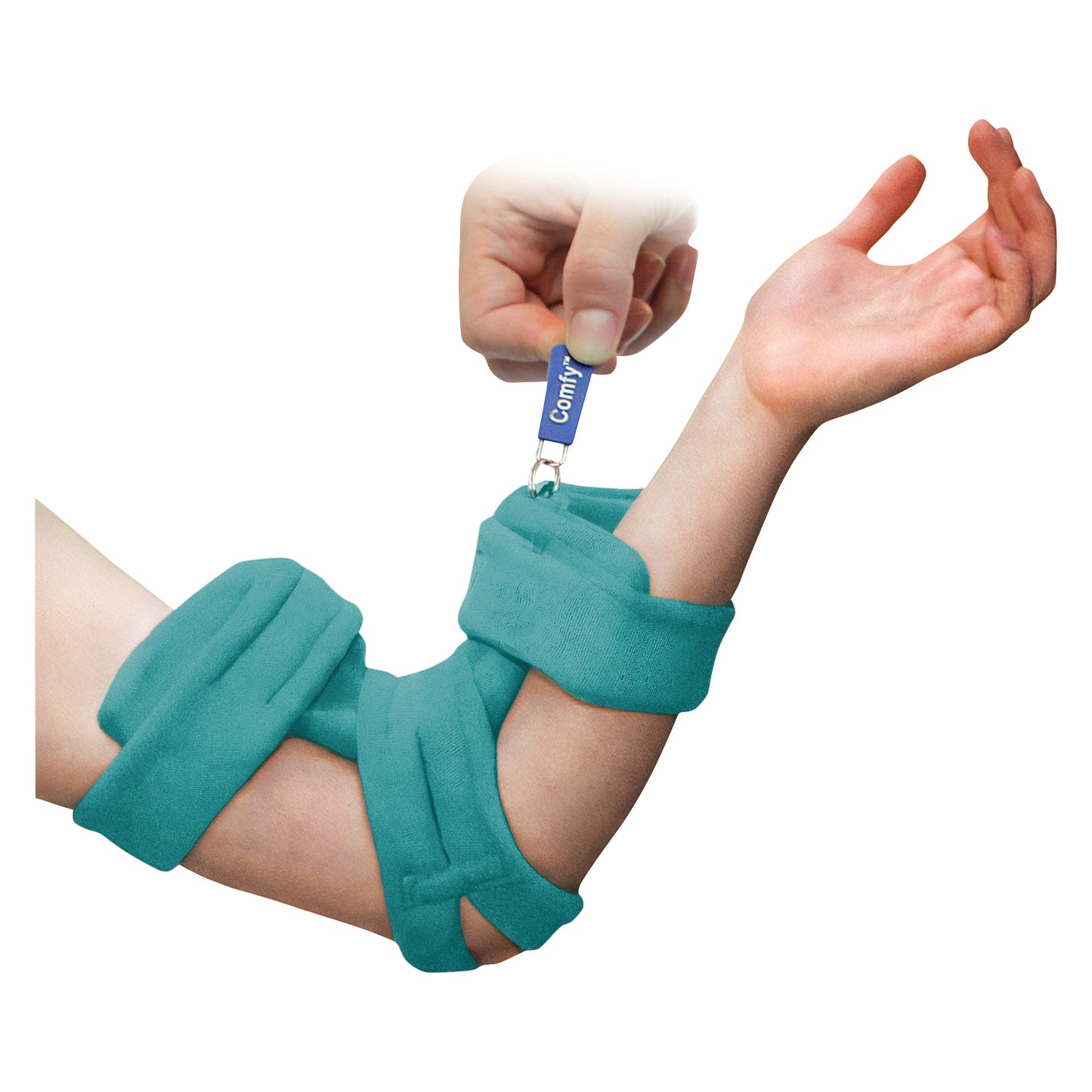 A teal Comfy Splints Pediatric Locking Elbow Orthosis supports an extended arm. A hand adjusts the locking mechanism.