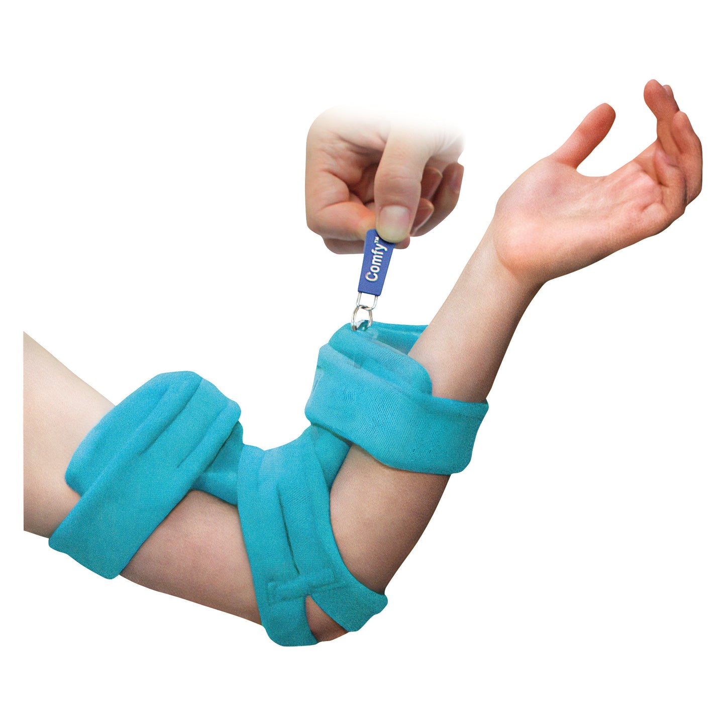 A hand secures a Comfy Splints Pediatric Locking Elbow Orthosis, a turquoise brace, on a child's arm for support and stability.
