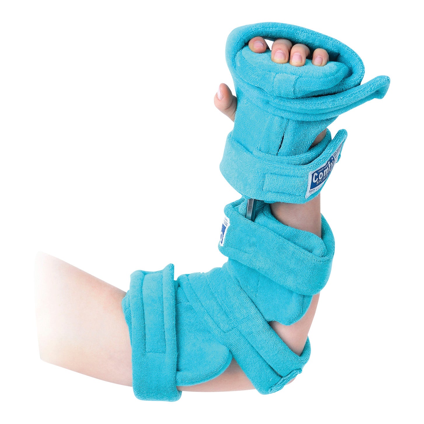 A person's arm wearing a Comfy Splints Pediatric Goniometer Elbow and Full Hand Orthosis in bright blue, with adjustable straps.