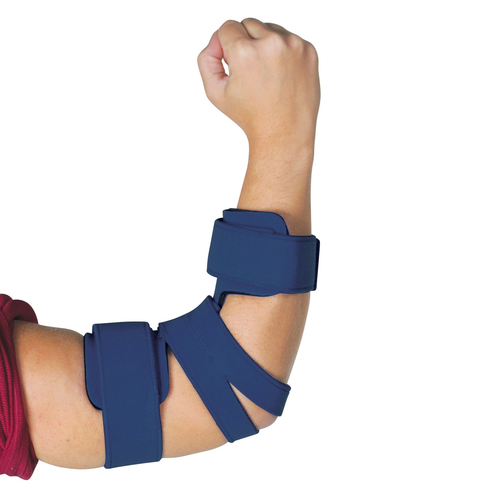 A person wears a Comfy Splints Adult Standard Elbow Orthosis in dark blue, supporting their bent elbow and forearm.