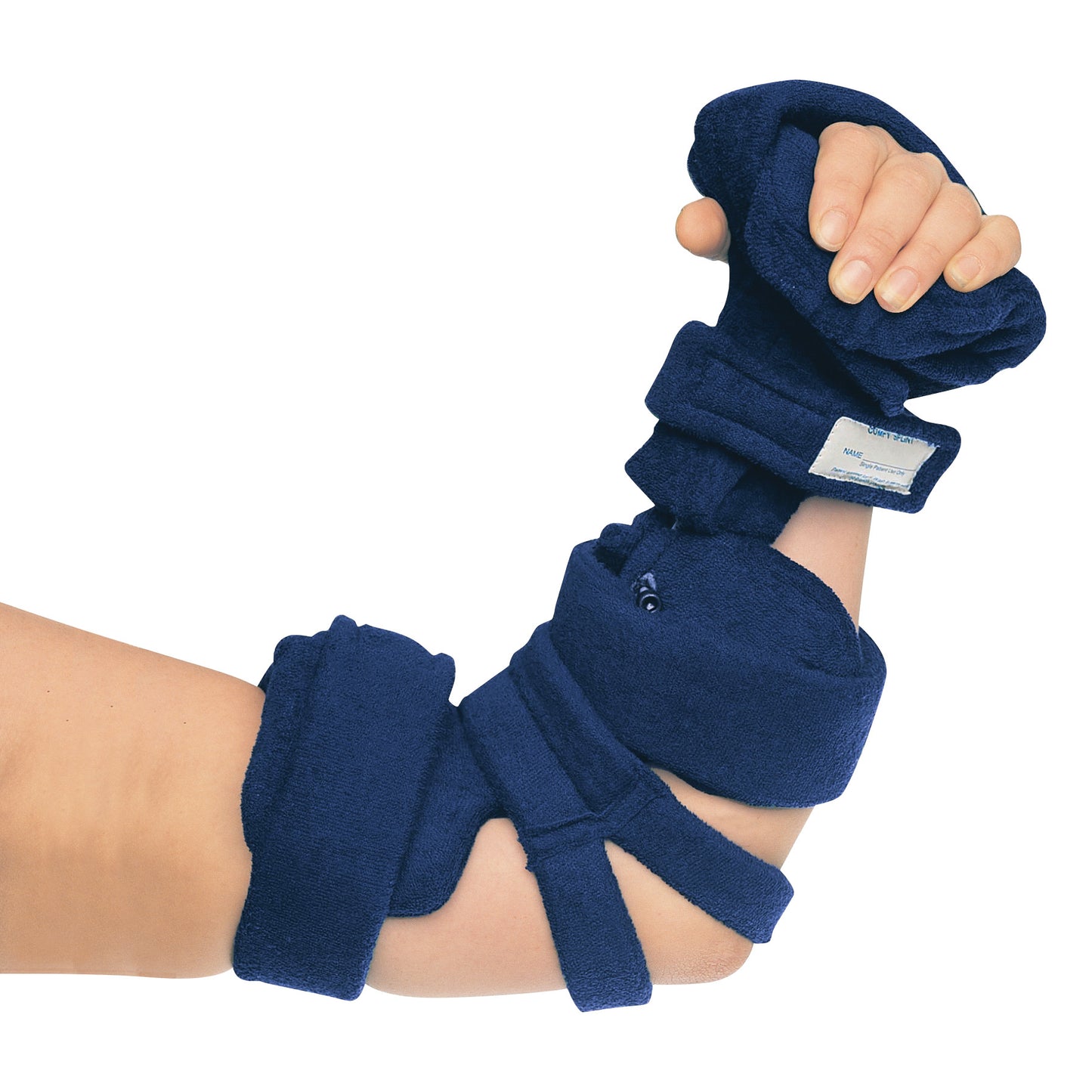 A forearm wearing a Comfy Splints Adult Elbow and Hand/Thumb Orthosis, featuring blue soft padding and adjustable straps.