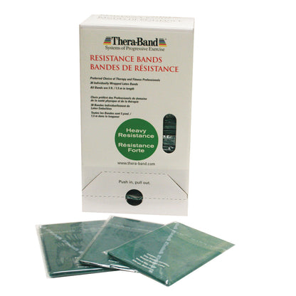 Packaging for THERABAND Latex Resistance Band Dispenser Pack. It includes heavy resistance bands, shown in individual wrapping.
