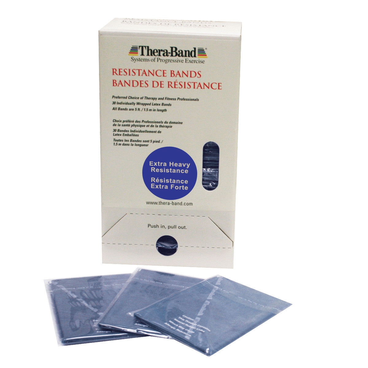 THERABAND Latex Resistance Band Dispenser Pack with "Extra Heavy Resistance" bands, featuring individually wrapped blue bands.