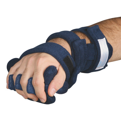 A hand wearing the Comfy Splints Adult Hand/Thumb Orthosis, a blue padded brace designed for support and immobilization.