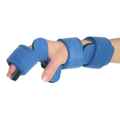 A hand wearing a Comfy Splints Adult Hand/Thumb Orthosis, a blue brace with straps, supporting the wrist and thumb.