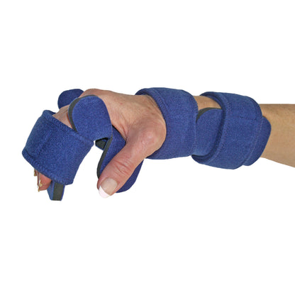 A person wearing a Comfy Splints Adult Hand/Thumb Orthosis. The blue splint supports the hand, thumb, and wrist.