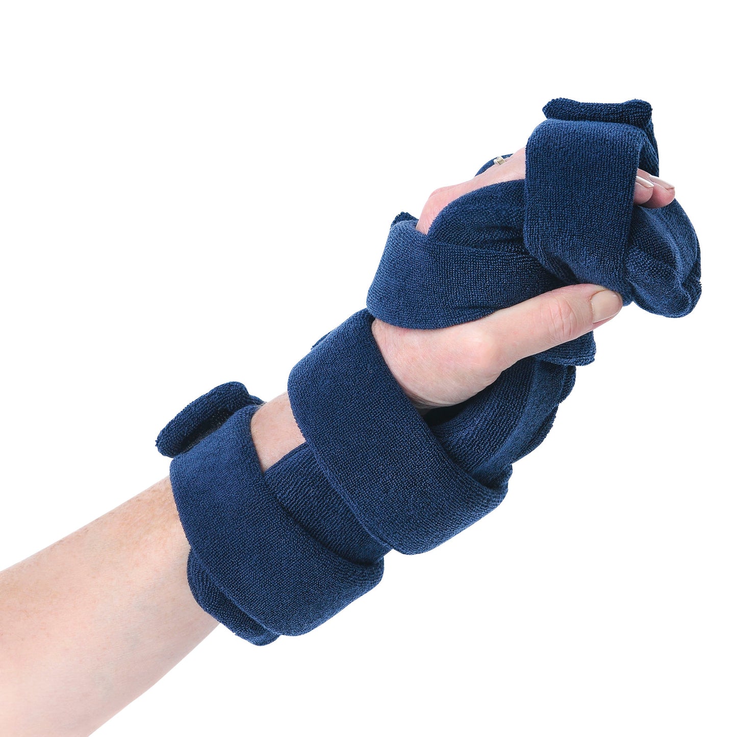 A hand wearing a Comfy Splints Adult Deviation Hand/Thumb Orthosis, made of soft blue fabric, providing support and alignment.