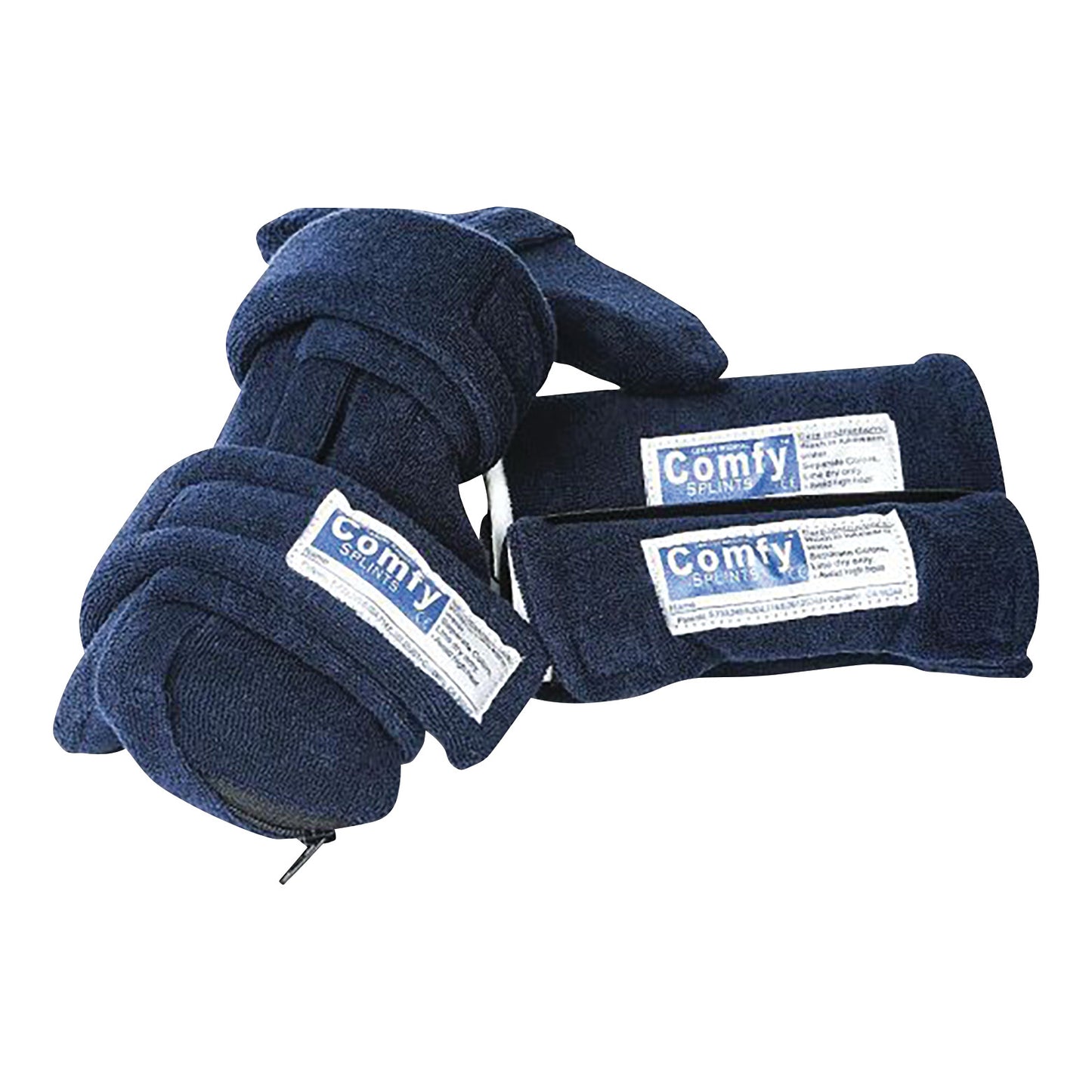 Navy Comfy Splints Adult Goniometer Finger Extender Hand Orthosis, featuring adjustable straps and cushioned material.
