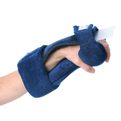A hand wearing a Comfy Splints Adult Flex Hand Orthosis in blue, supporting the wrist and fingers for stability and comfort.