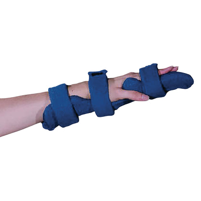 A hand wearing a Comfy Splints Adult Large Pan Hand/Thumb Orthosis, featuring blue fabric with multiple securing straps.