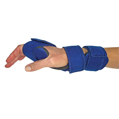 A hand wearing a blue Comfy Splints Adult Wrist Cock-Up Orthosis, featuring adjustable straps to support the wrist and thumb.