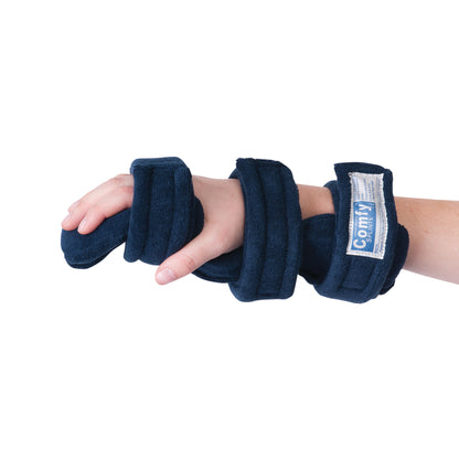 A hand wearing the Comfy Splints Pediatric Hand/Wrist Orthosis, a blue cushioned support for stabilizing the wrist and hand.