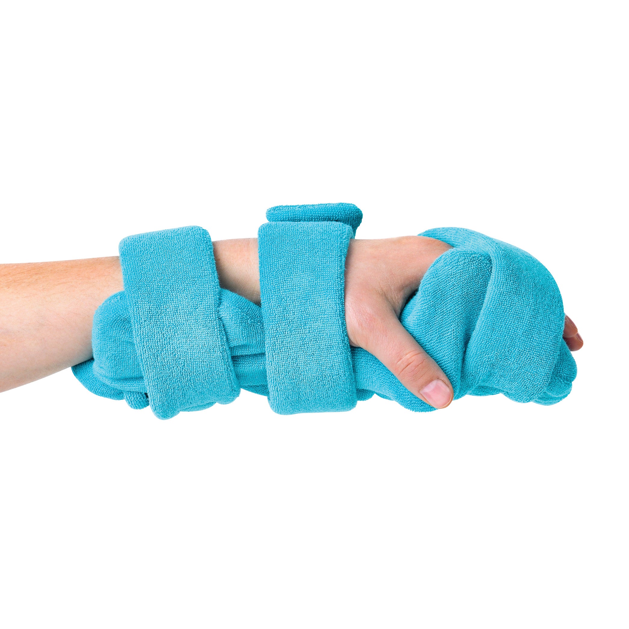 A hand wearing a Comfy Splints Pediatric Hand/Thumb Orthosis in turquoise, designed for support and immobilization.