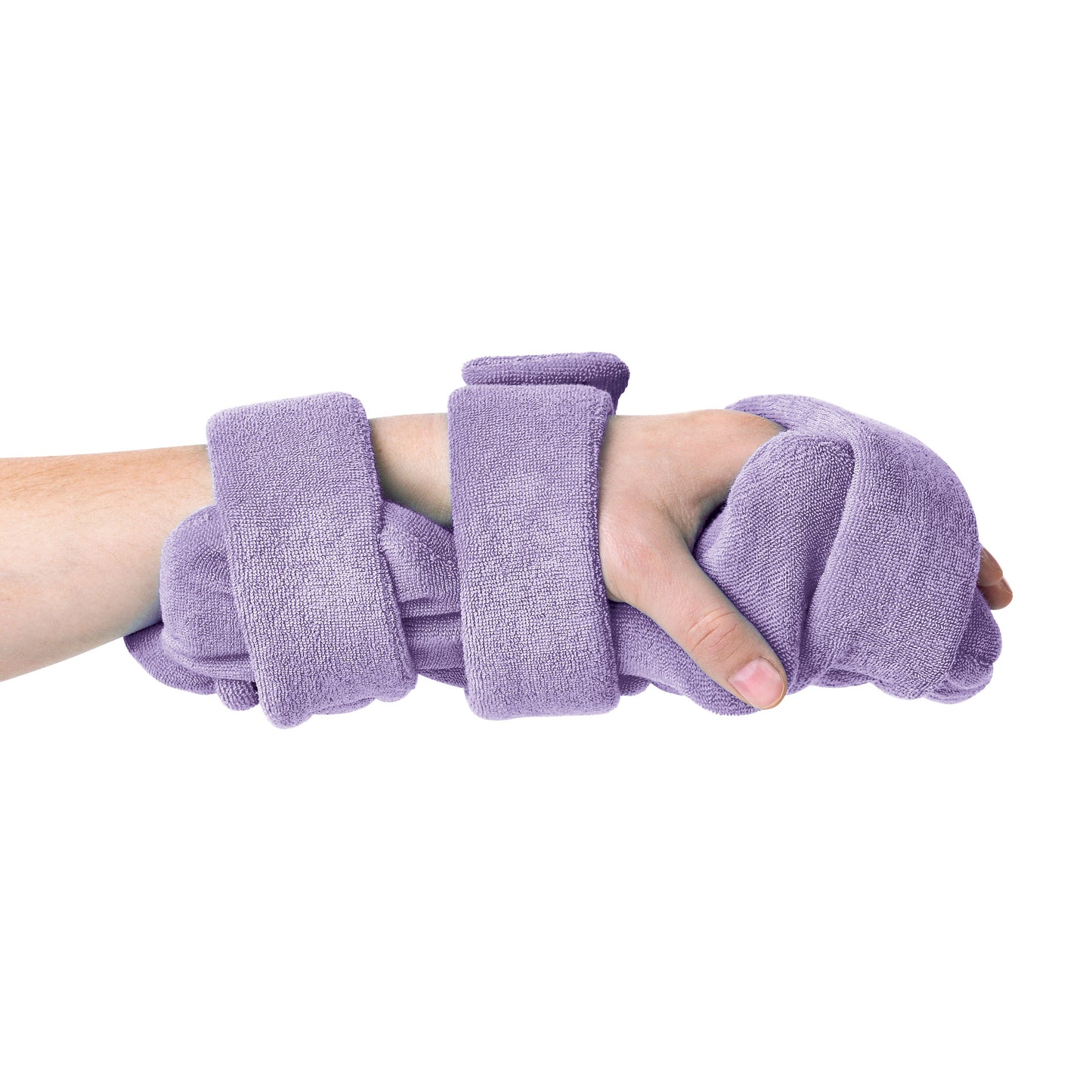 The Comfy Splints Pediatric Hand/Thumb Orthosis is worn on a hand. It is made of purple fabric with adjustable straps.