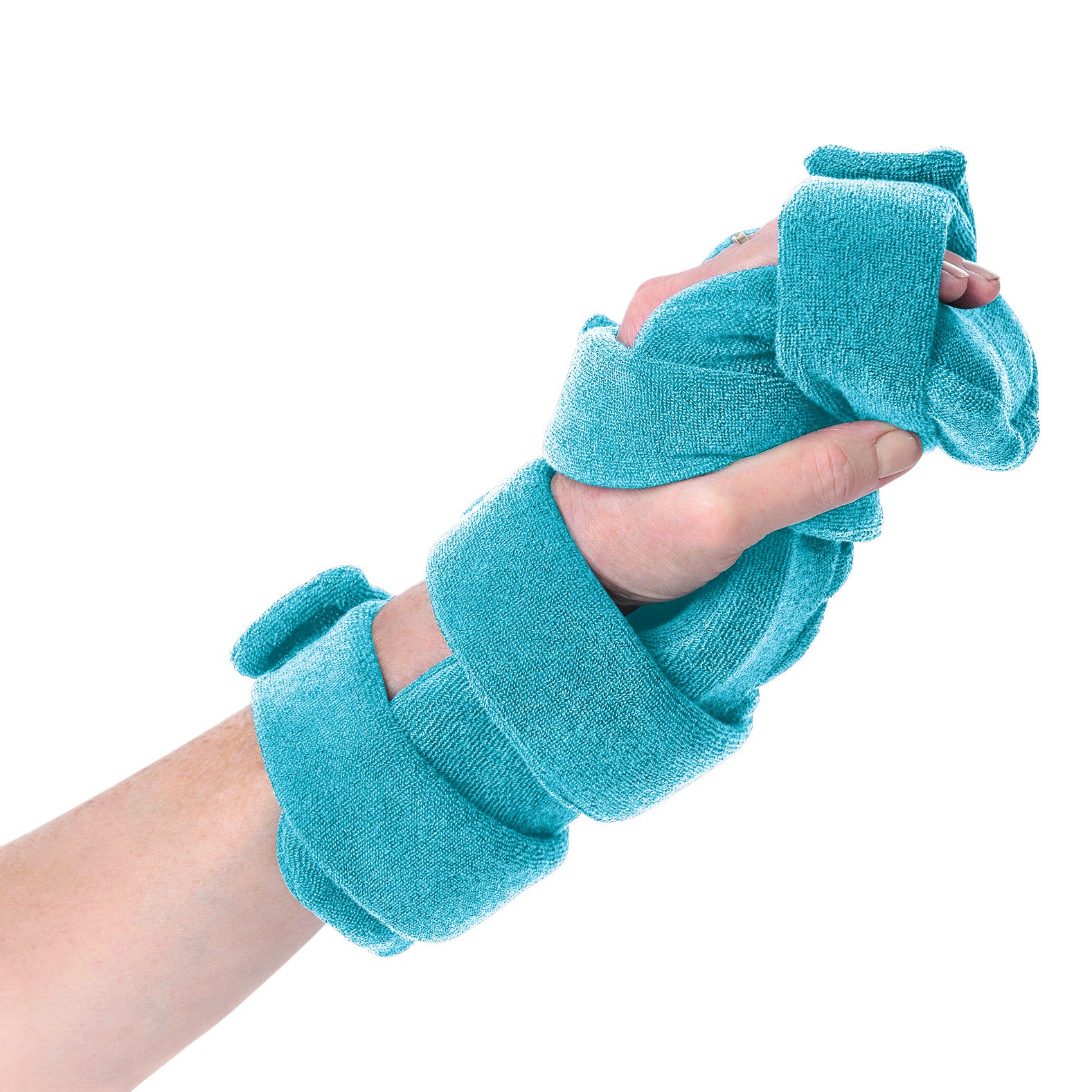 A hand wrapped in a blue Comfy Splints Pediatric 4-Strap Hand/Wrist Orthosis, designed for support and stabilization.