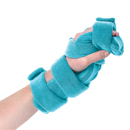 A hand wrapped in a blue Comfy Splints Pediatric 4-Strap Hand/Wrist Orthosis, designed for support and stabilization.