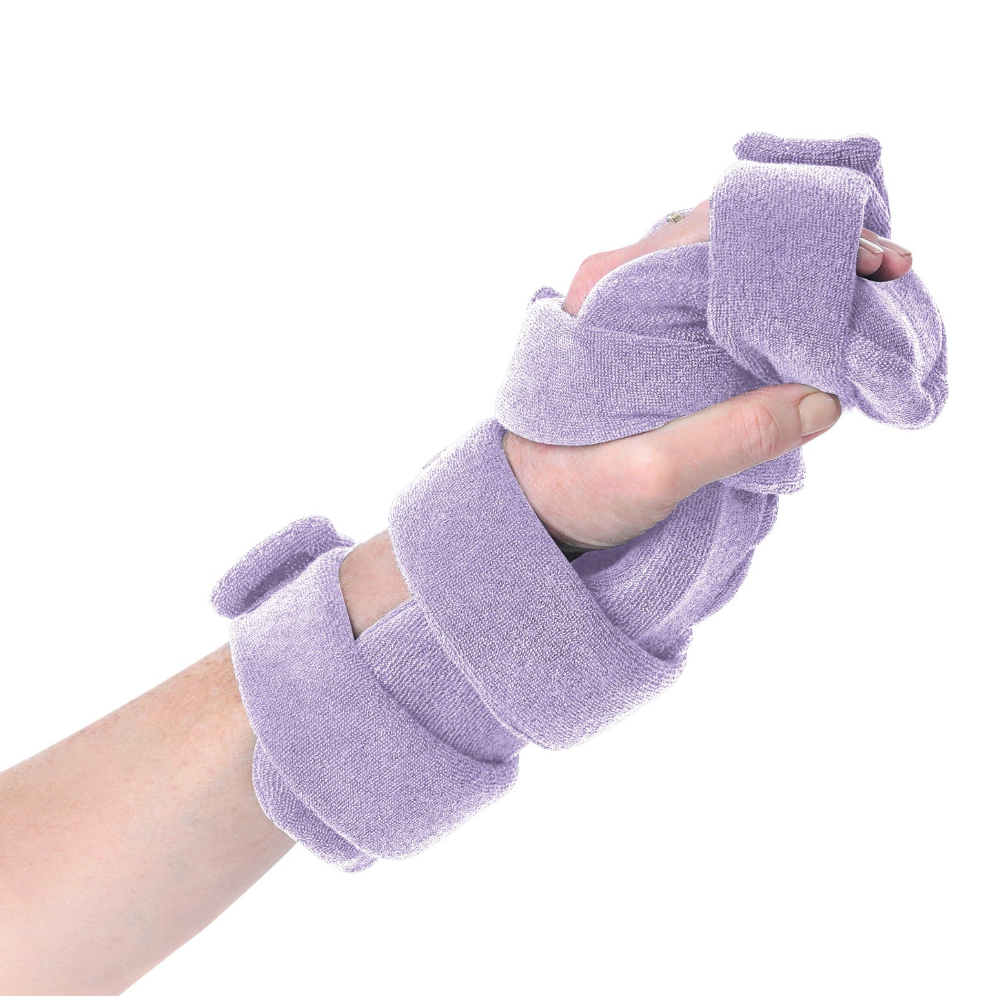 A hand gripping the Comfy Splints Pediatric 4-Strap Hand/Thumb Orthosis, a light purple supportive wrap with four straps.