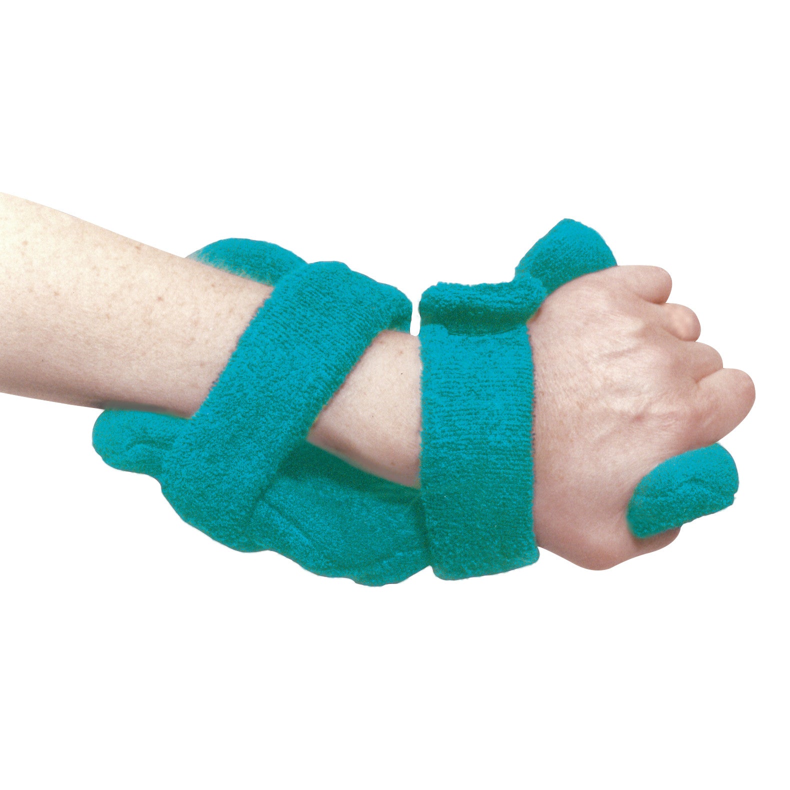 A forearm and hand are shown wearing a Comfy Splints Pediatric Deviation Hand/Wrist Orthosis in teal fabric for support.