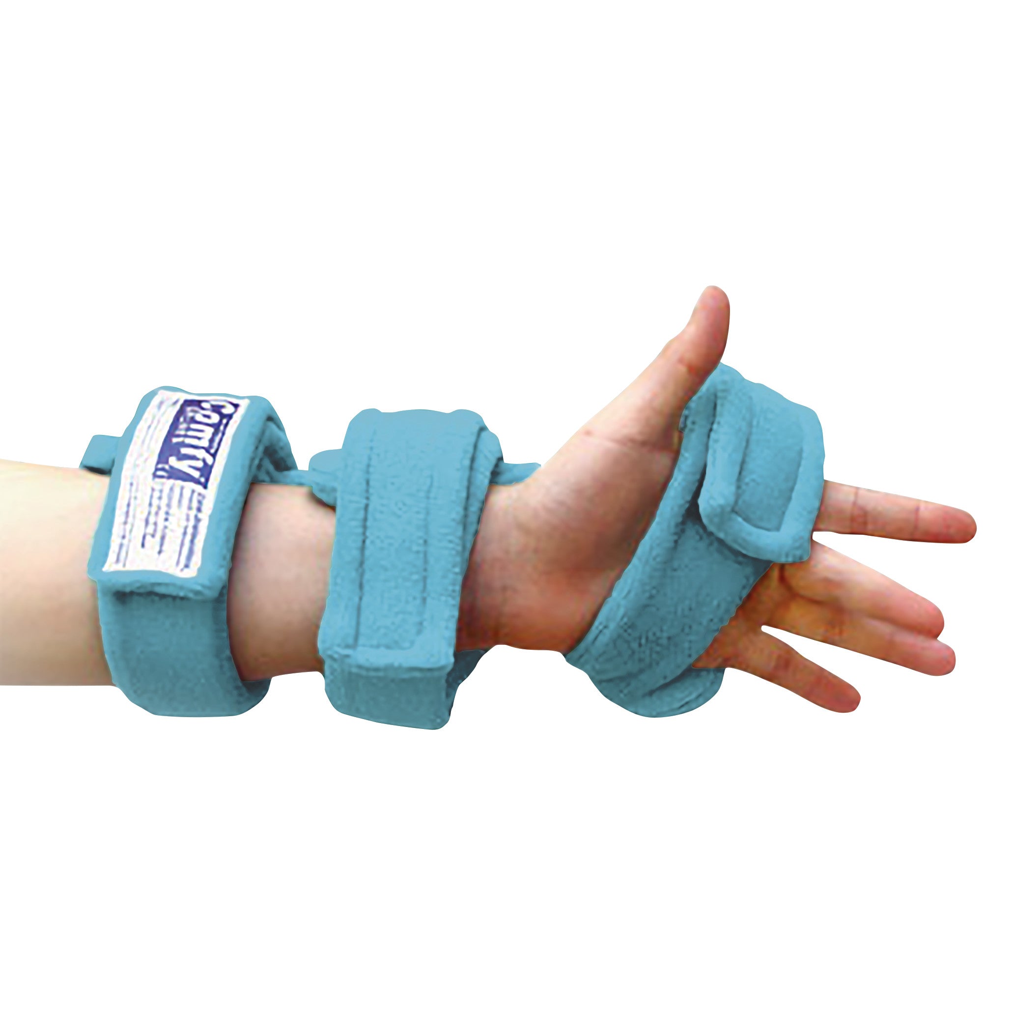 A hand wears the Comfy Splints Pediatric Dorsal Hand Orthosis, featuring adjustable blue straps on the wrist and fingers.