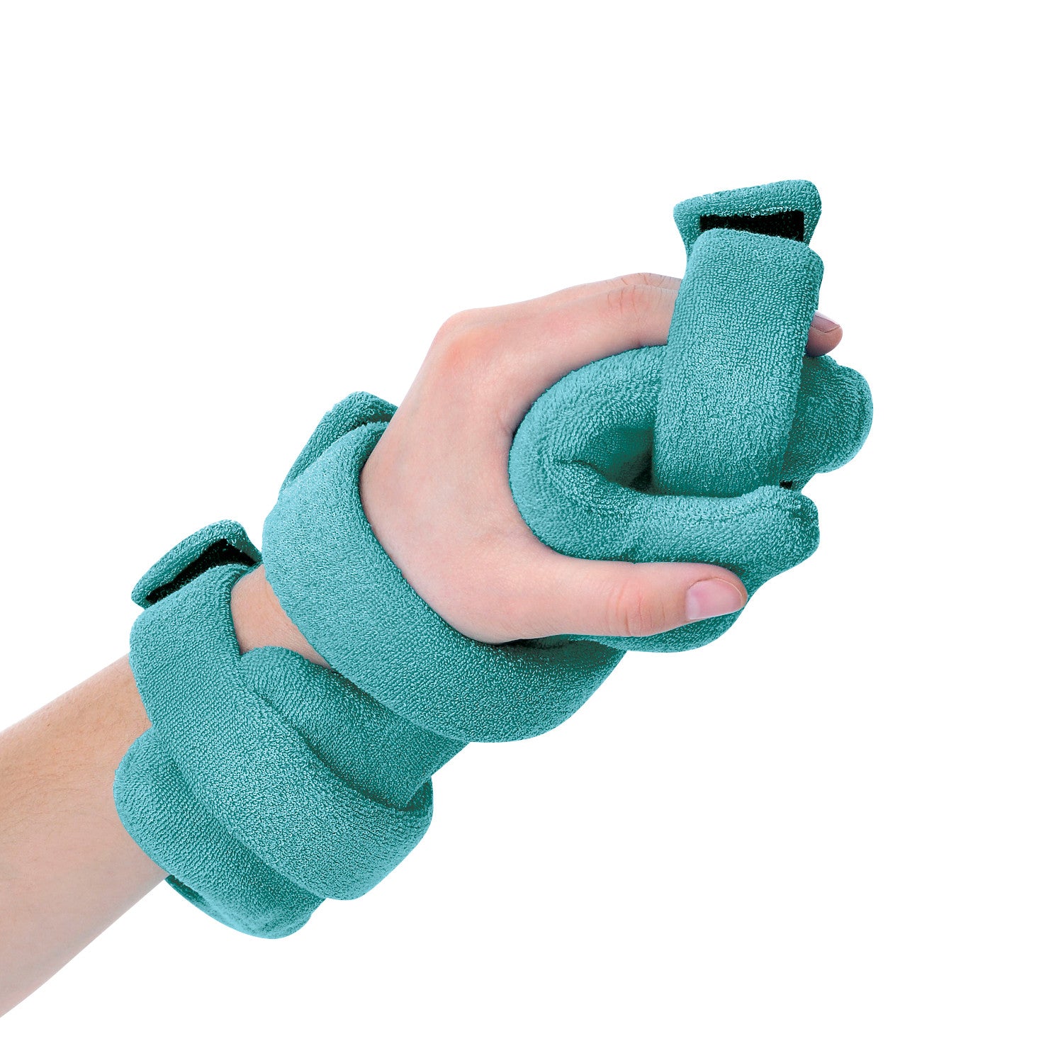 A hand wearing the Comfy Splints Pediatric Opposition Hand/Thumb Orthosis, a teal fabric orthosis designed for thumb support.