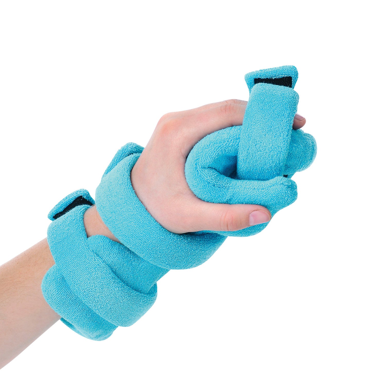 A hand gripping the Comfy Splints Pediatric Opposition Hand/Thumb Orthosis, a blue padded brace with adjustable straps.
