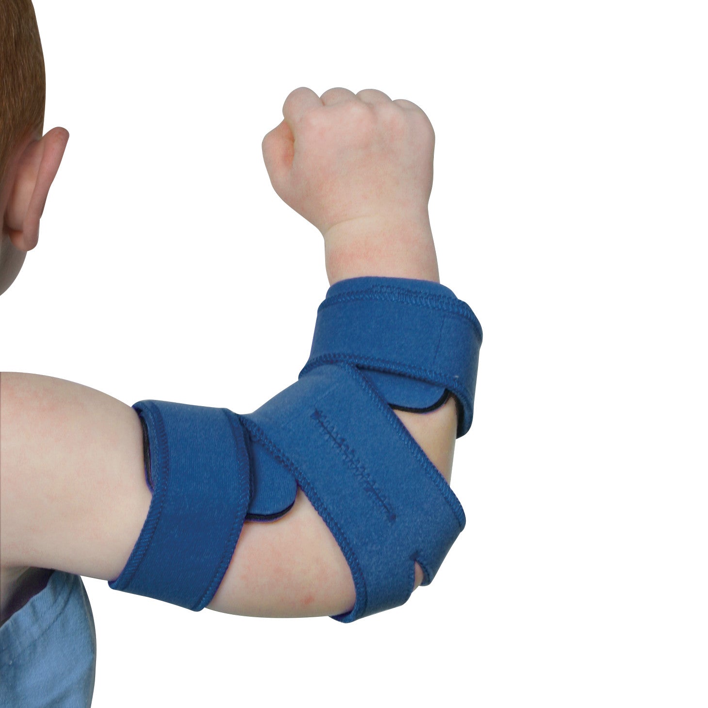 A child wears a Comfy Splints Pediatric Standard Elbow Orthosis in blue, supporting the elbow with adjustable straps.