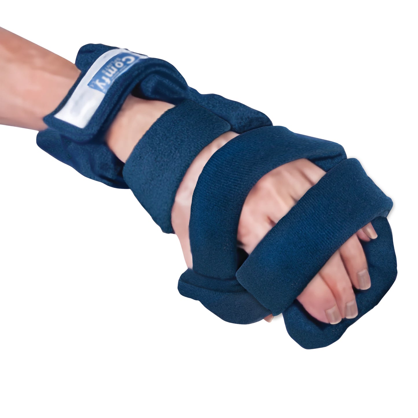 A hand wearing the Comfy Splints Adult Progressive Resting Hand Orthosis, featuring blue cushioned straps for support and comfort.