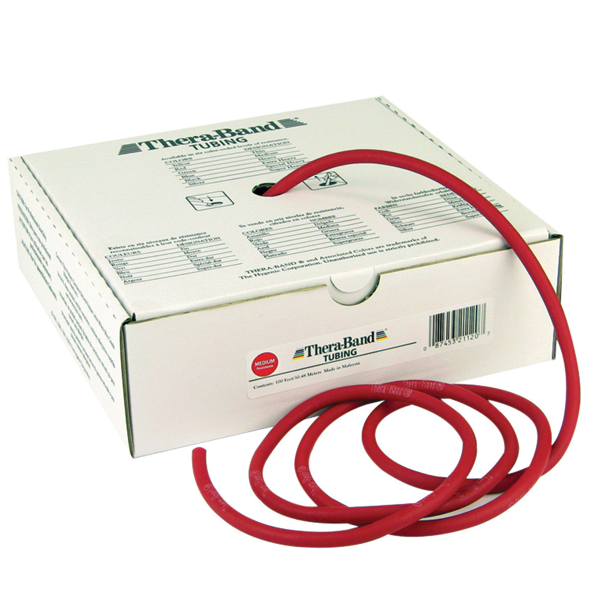 THERABAND Latex Exercise Tubing is shown coiled and extending from a white box labeled "Thera-Band Tubing."